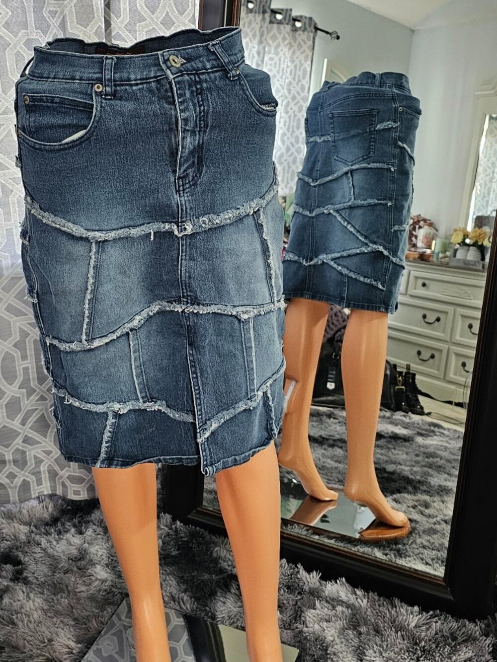 Lazer Jeans Patchwork Low‑Rise Midi Skirt – Size S – Y2K Britney/Shakira Era